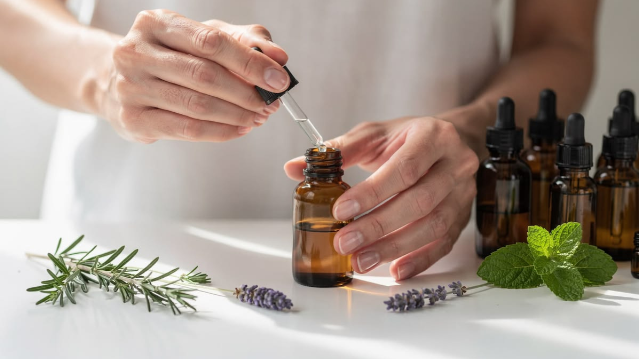 Hands using a glass dropper to fill an amber essential oil bottle surrounded by fresh herbs and lavender.