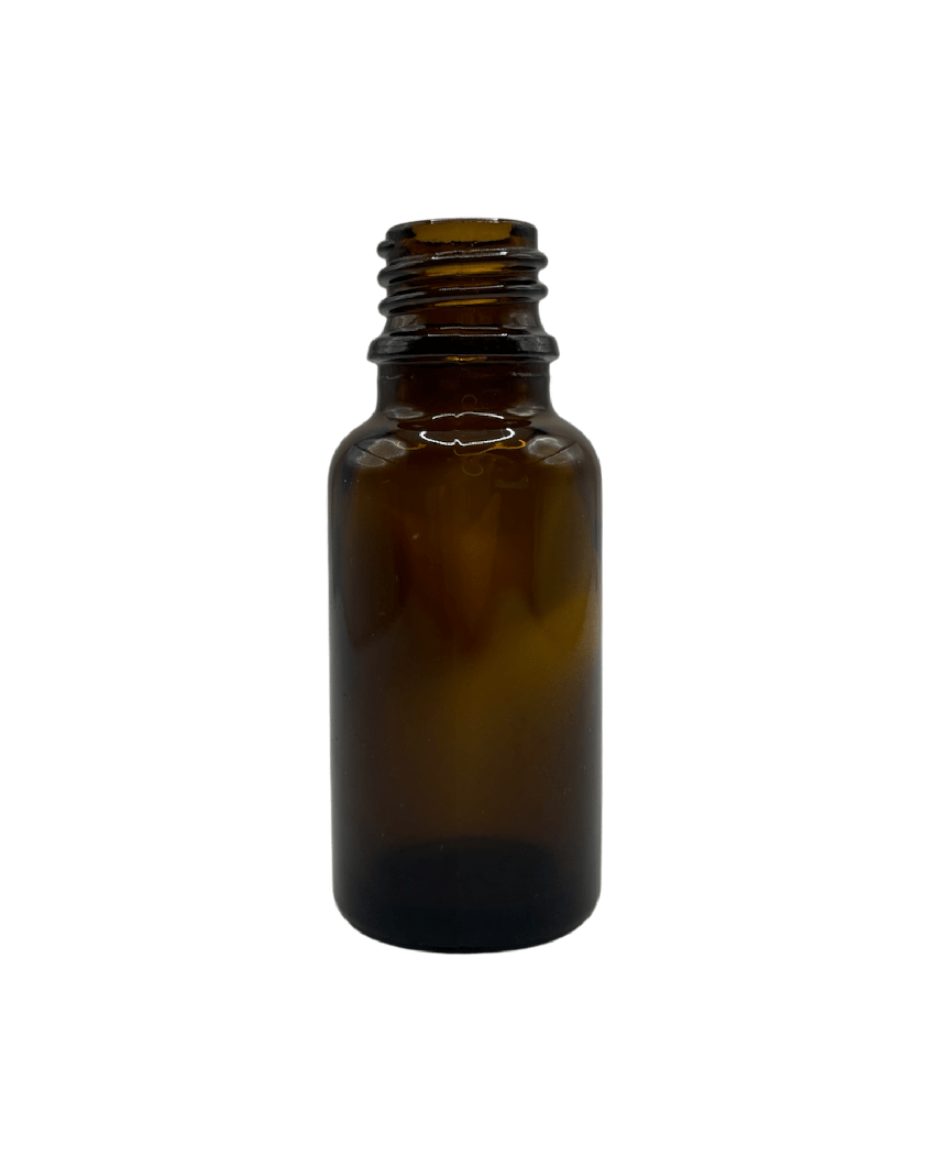 Empty 15ml amber glass bottle with a threaded neck, perfect for essential oils and apothecary storage.