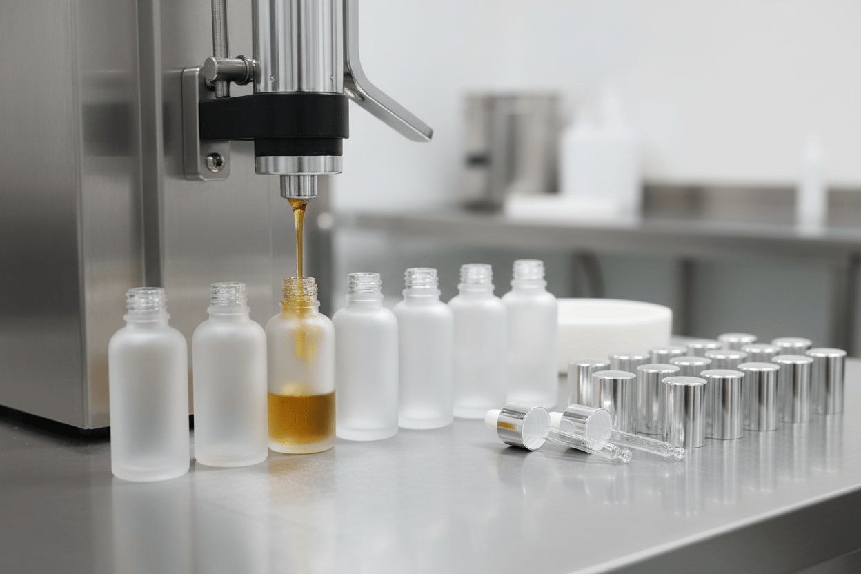 Industrial filling machine dispensing golden serum into frosted 50ml glass dropper bottles on a stainless steel table.
