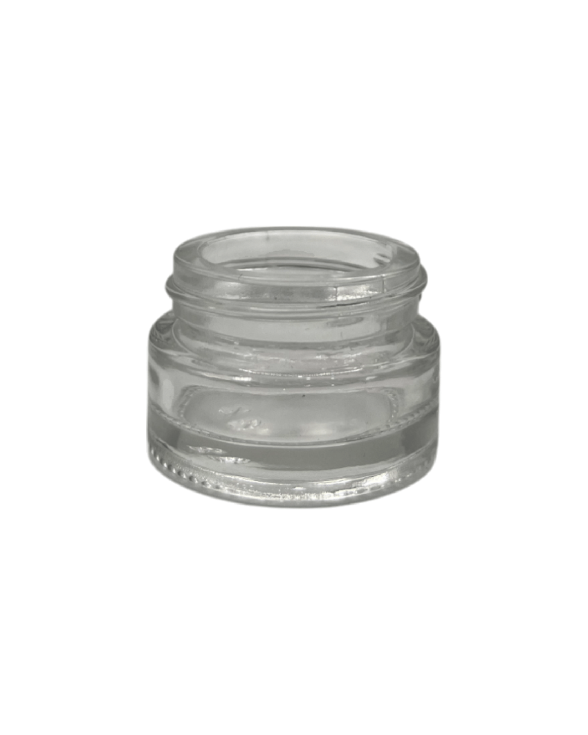Empty 5ml clear glass cosmetic jar with a wide mouth and threaded neck for secure closure.