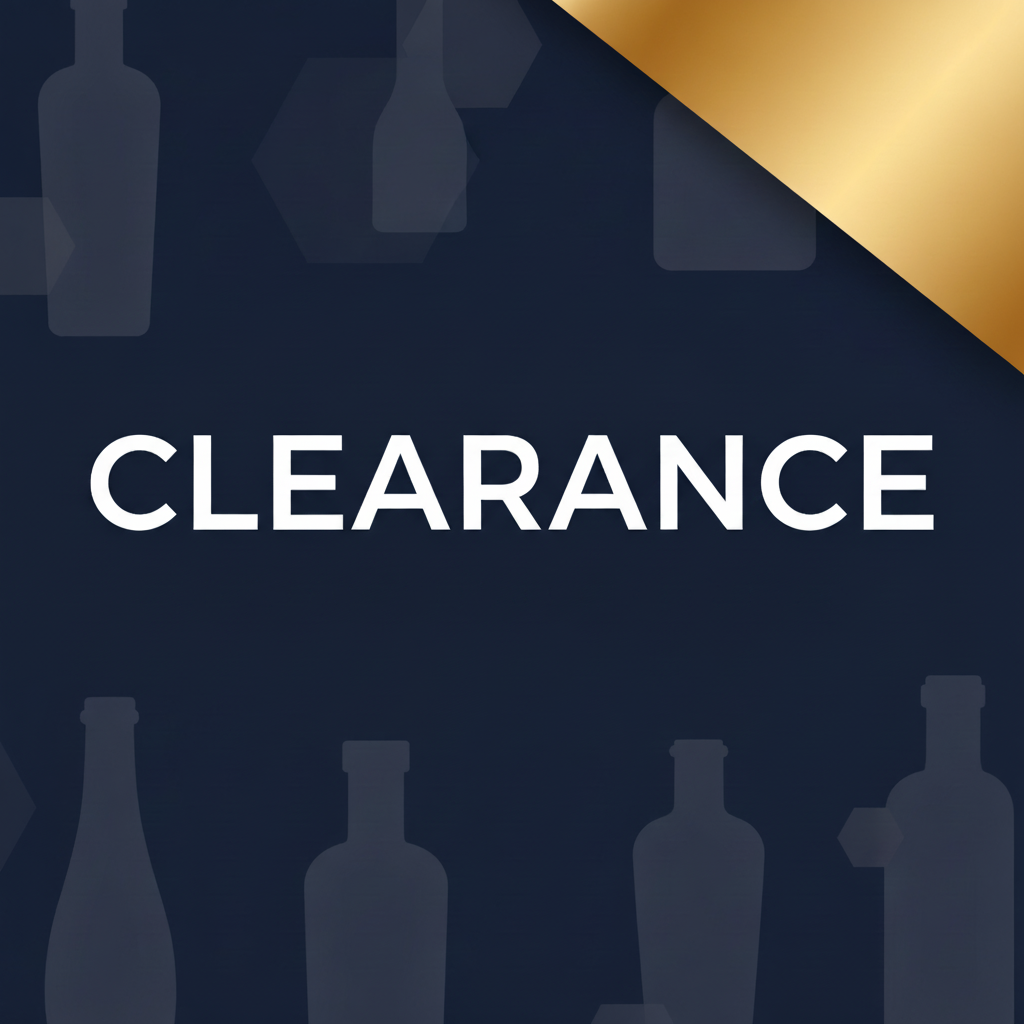 Clearance sale banner with white text on a dark navy background featuring subtle bottle silhouettes and a gold corner.