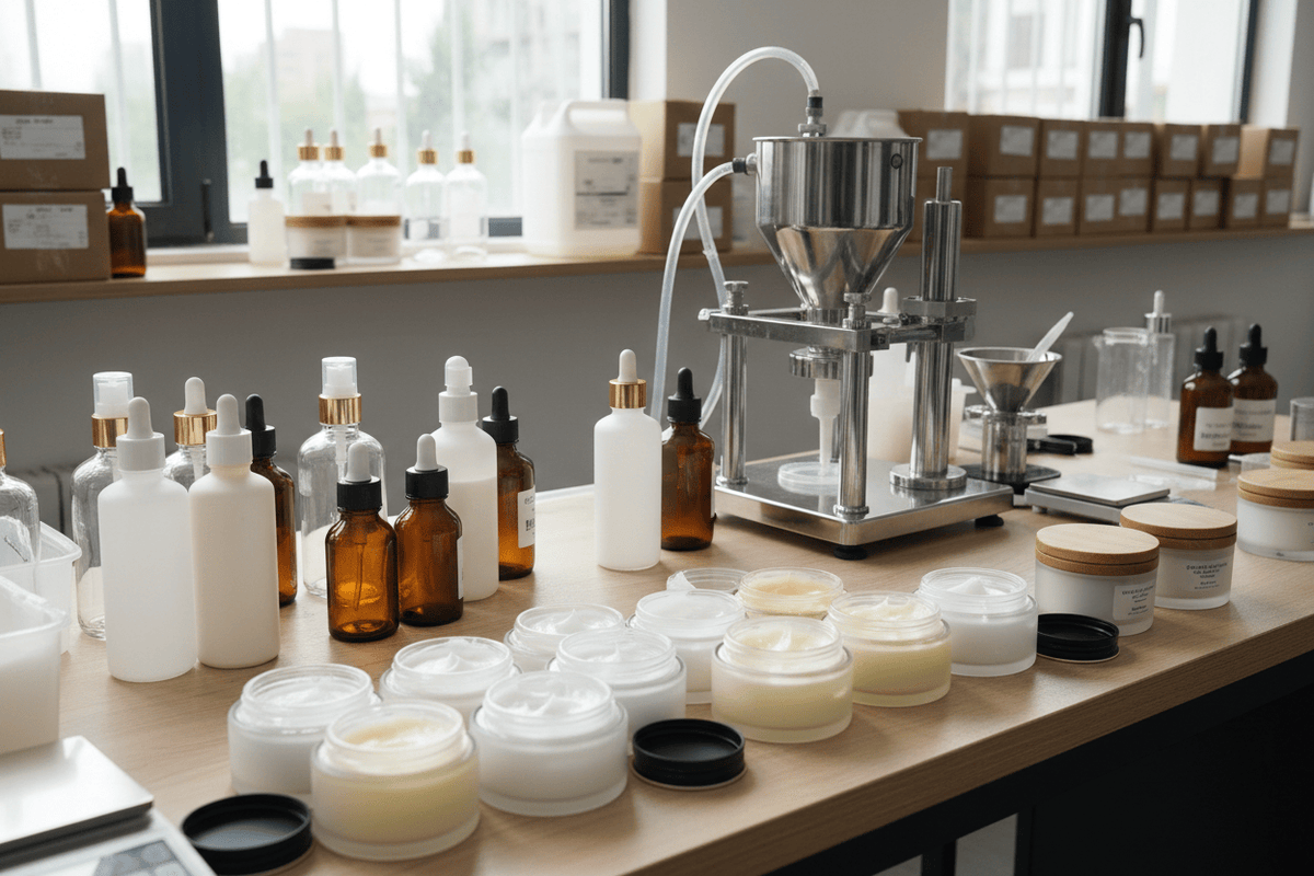 Assortment of skincare products being filled into containers