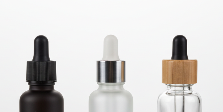 Three glass pipette bottles with black, silver, and bamboo caps against a clean white background.