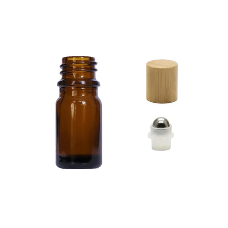 5ml Premium Amber Glass Dropper Bottle with Stainless Steel Roller Ball Insert with Bamboo Cap