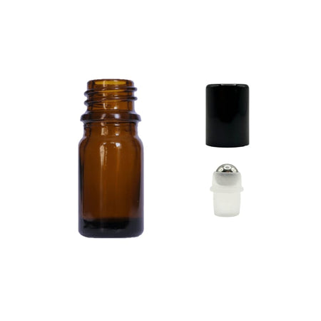 5ml Premium Amber Glass Dropper Bottle with Stainless Steel Roller Ball with Metal Gloss Black Cap