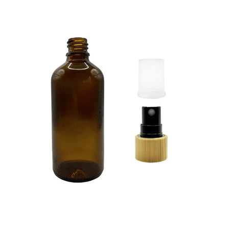 100ml Amber Glass Dropper Bottle & Black Bamboo Atomiser and Clear Over Cap