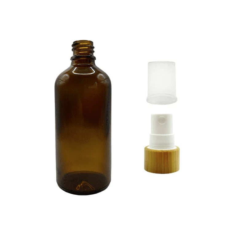 100ml Amber Glass Dropper Bottle & White Bamboo Atomiser and Clear Over Cap