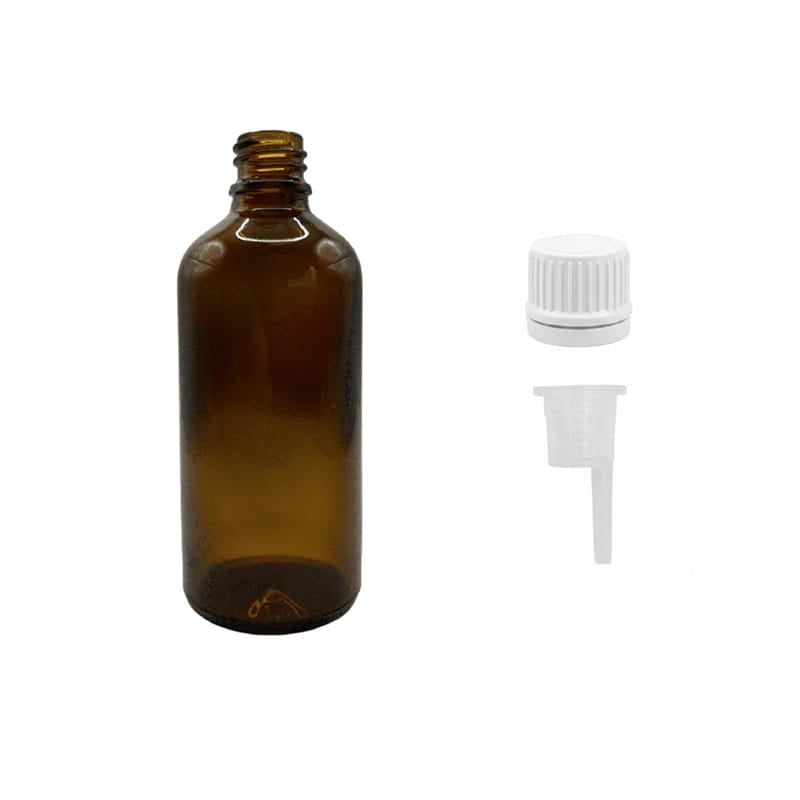 100ml Amber Glass Dropper Bottle with 0.6mm Dripper Insert and Tamper Evident White Cap (Type II)