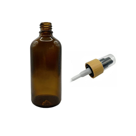 100ml Amber Glass Dropper Bottle with Black Lotion Pump with Bamboo Collar and Clear Over Cap