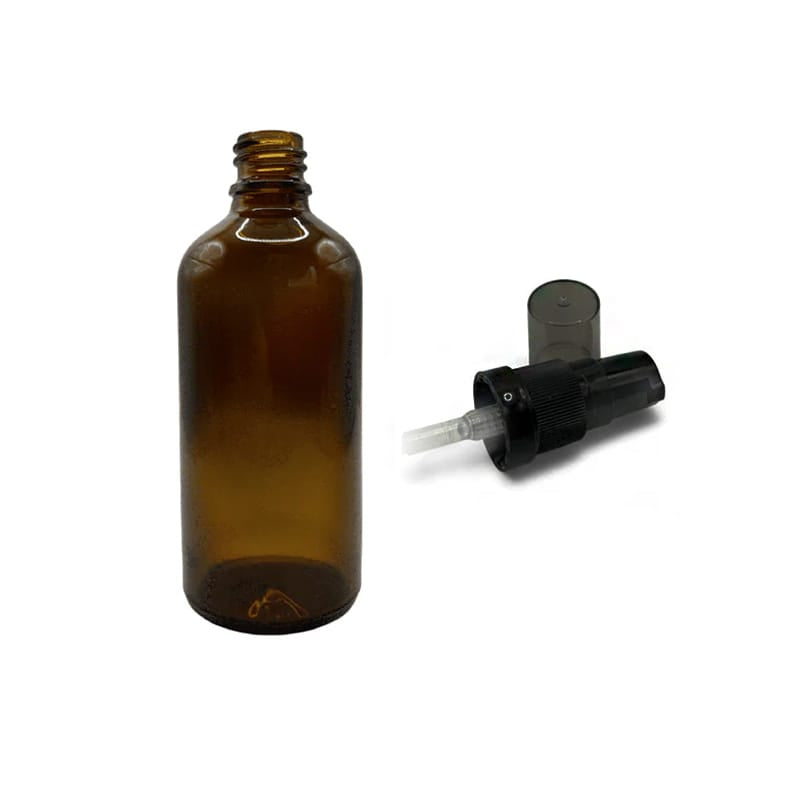 100ml Amber Glass Dropper Bottle with Black Tamper Evident Lotion Pump with Smoke Tinted Over Cap (Type III)