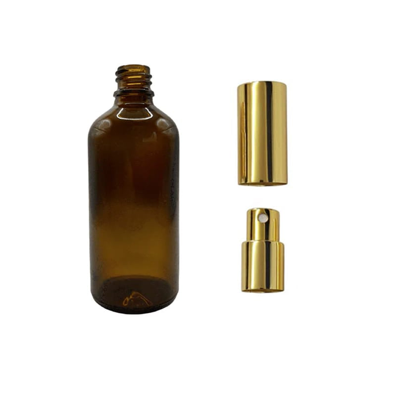 100ml Amber Glass Dropper Bottle With Gold Atomiser with Gold Over Cap