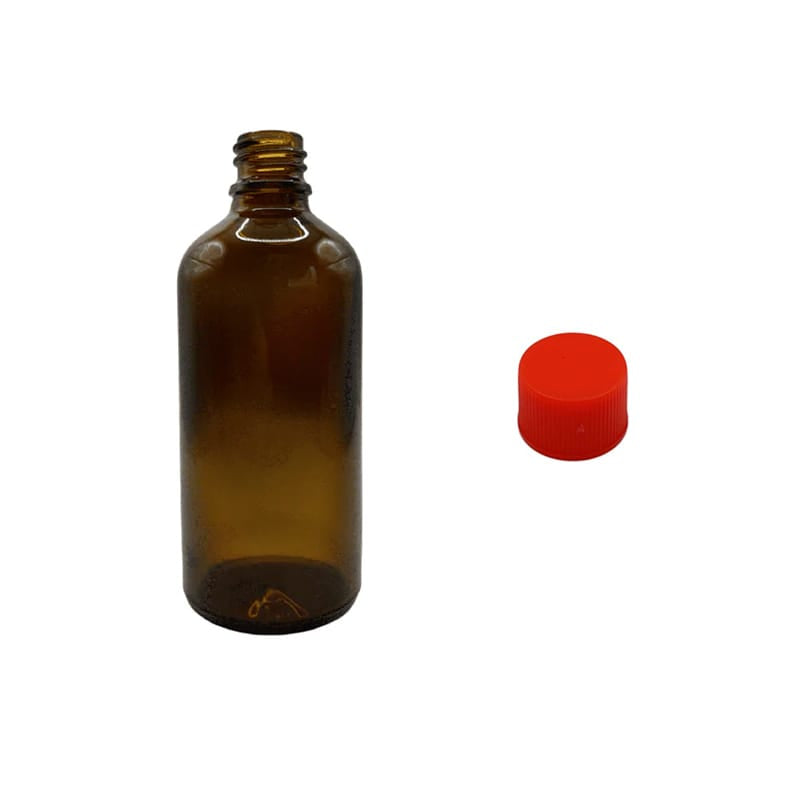 100ml Amber Glass Dropper Bottle with Red PP Wadded Cap DIN 18mm