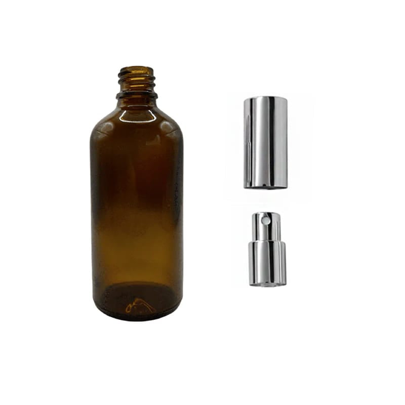 100ml Amber Glass Dropper Bottle with Silver Atomiser with Silver Over Cap