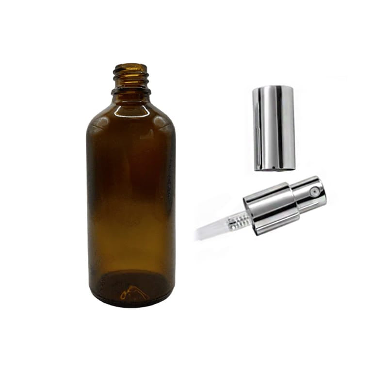 100ml Amber Glass Dropper Bottle with Silver Lotion Pump with Silver Over Cap