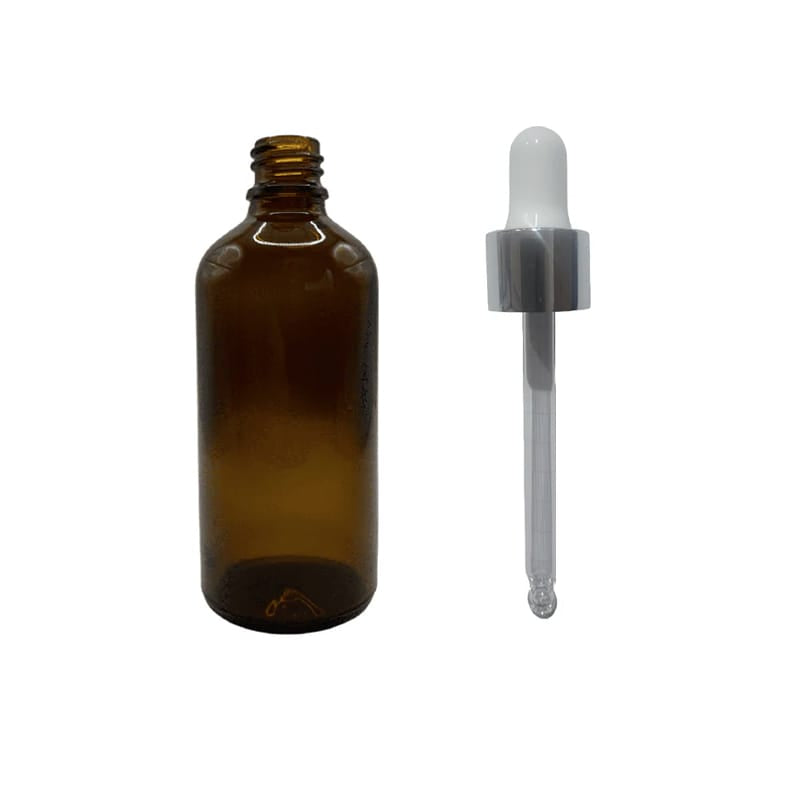 100ml Amber Glass Dropper Bottle With Silver & White Dropper