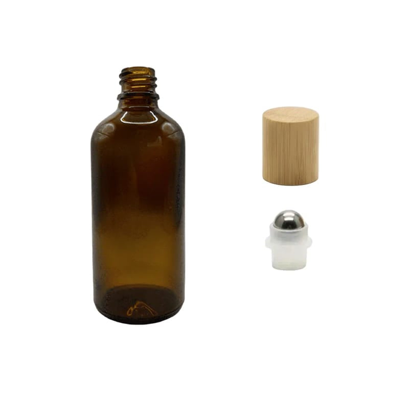 100ml Amber Glass Dropper Bottle with Stainless Steel Roller Ball Insert with Bamboo Cap