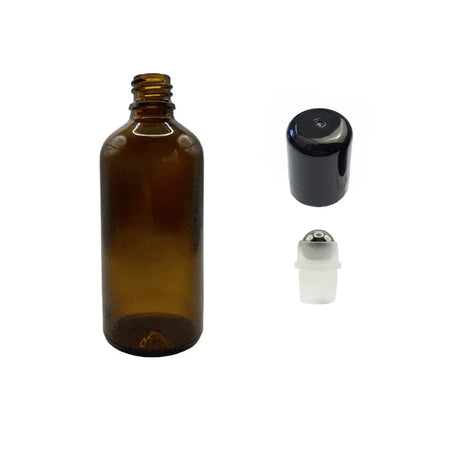 100ml Amber Glass Dropper Bottle with Stainless Steel Roller Ball with Plastic Black Cap