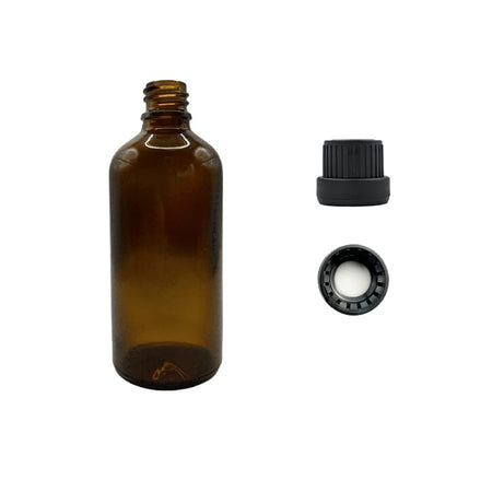 100ml Amber Glass Dropper Bottle with Tamper Evident Ribbed Black Cap and EPE Liner (Type III)