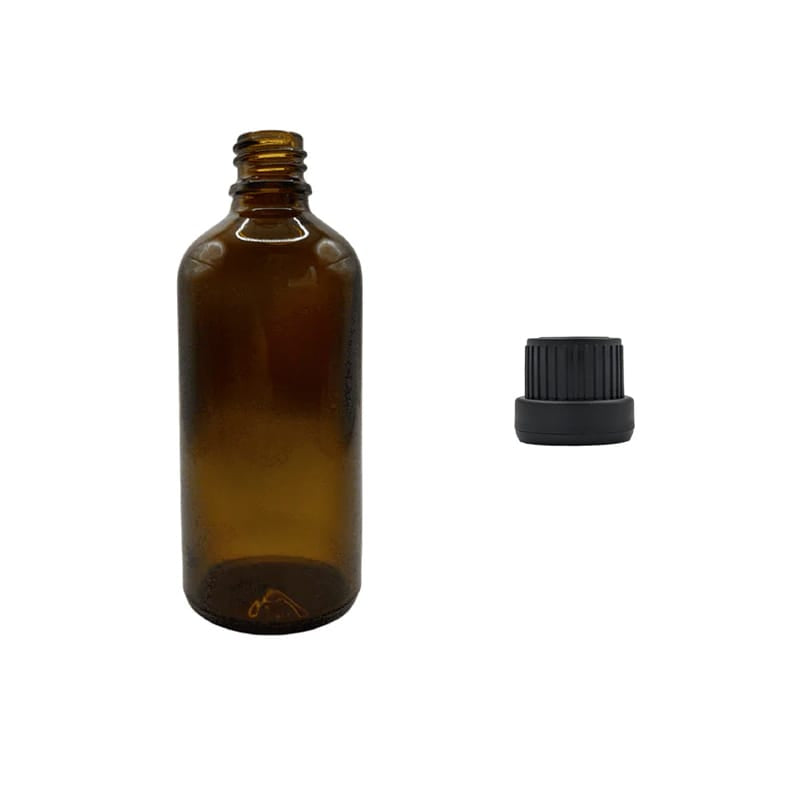 100ml Amber Glass Dropper Bottle with Tamper Evident Ribbed Black Cap (Type III)