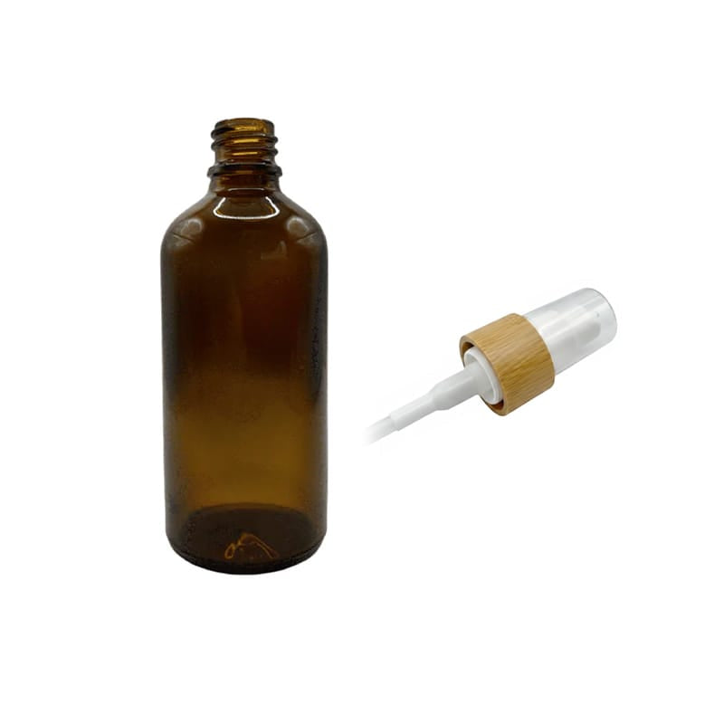 100ml Amber Glass Dropper Bottle With White Bamboo Lotion Pump and Clear Over Cap