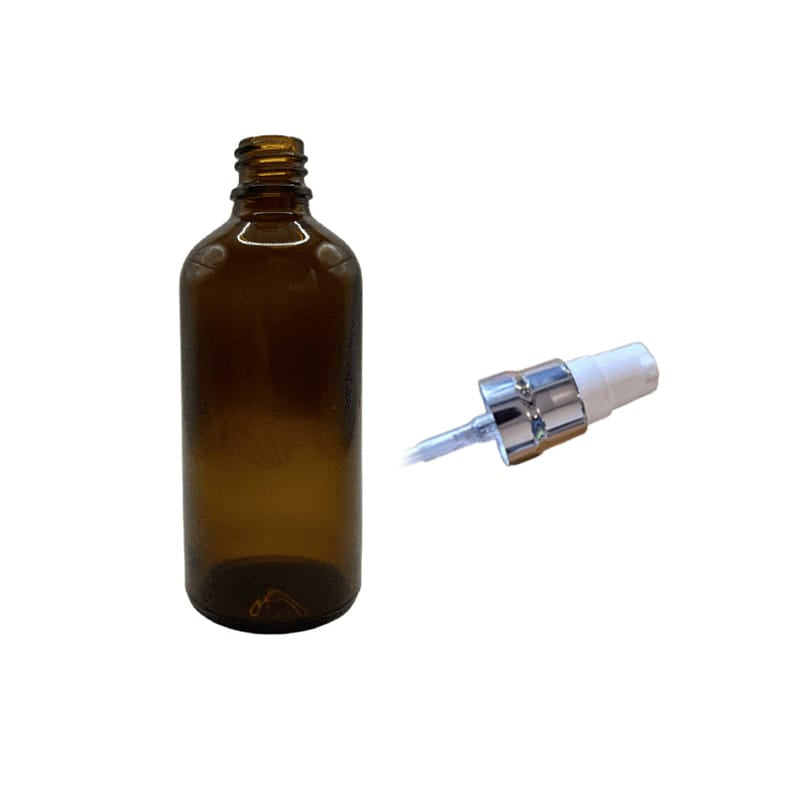100ml Amber Glass Dropper Bottle With White Lotion Pump with Silver Collar and Clear Over Cap