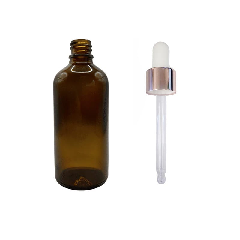 100ml Amber Glass Dropper Bottle with White & Rose Gold Dropper