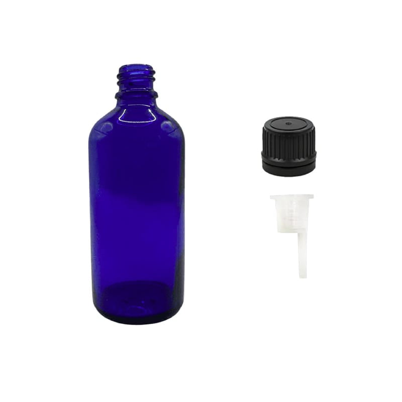 100ml Blue Glass Dropper Bottle with 0.6mm Dripper Insert and Tamper Evident Black Cap (Type II)