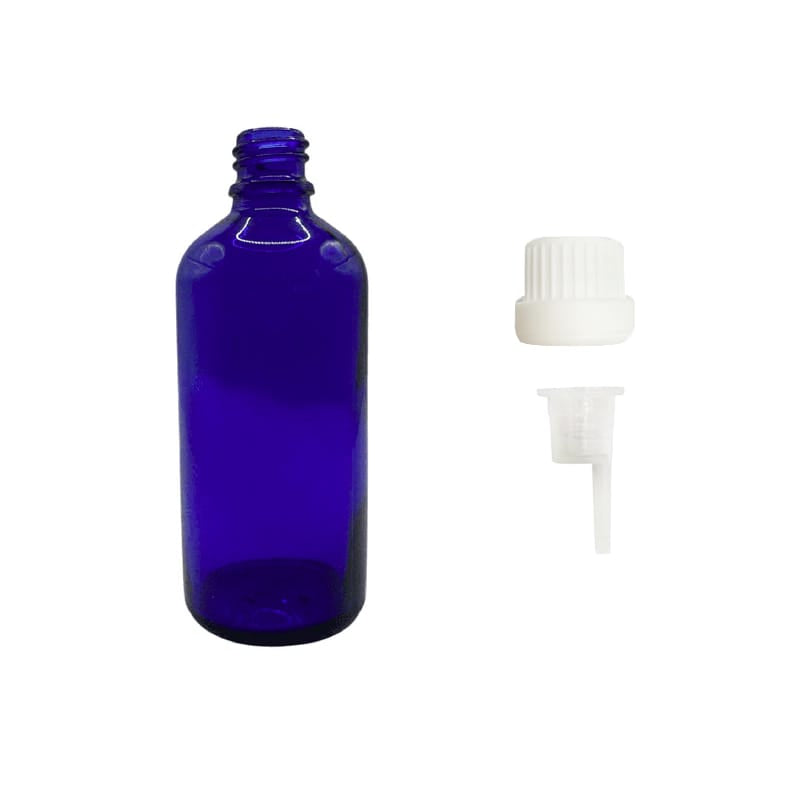 100ml Blue Glass Dropper Bottle with 0.6mm Dripper Insert and Tamper Evident White Cap (Type III)