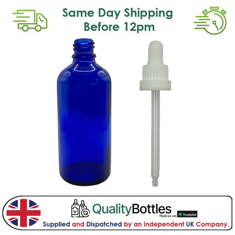 100ml Blue Glass Dropper Bottle with 100ml White TE BEP - Pack of 12