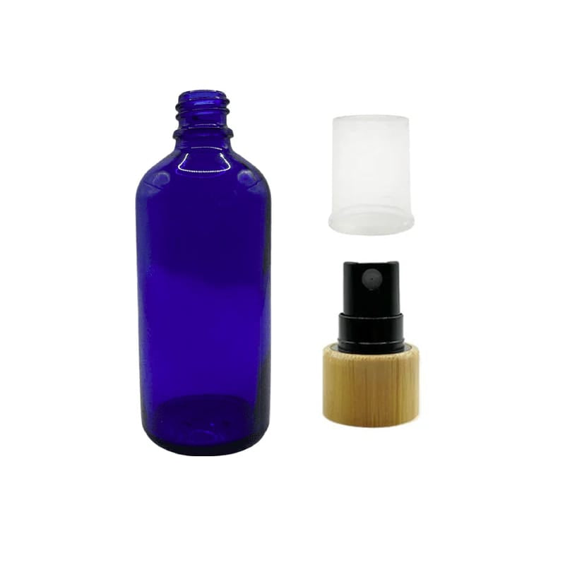 100ml Blue Glass Dropper Bottle with Black Atomiser with Bamboo Collar and Clear Over Cap