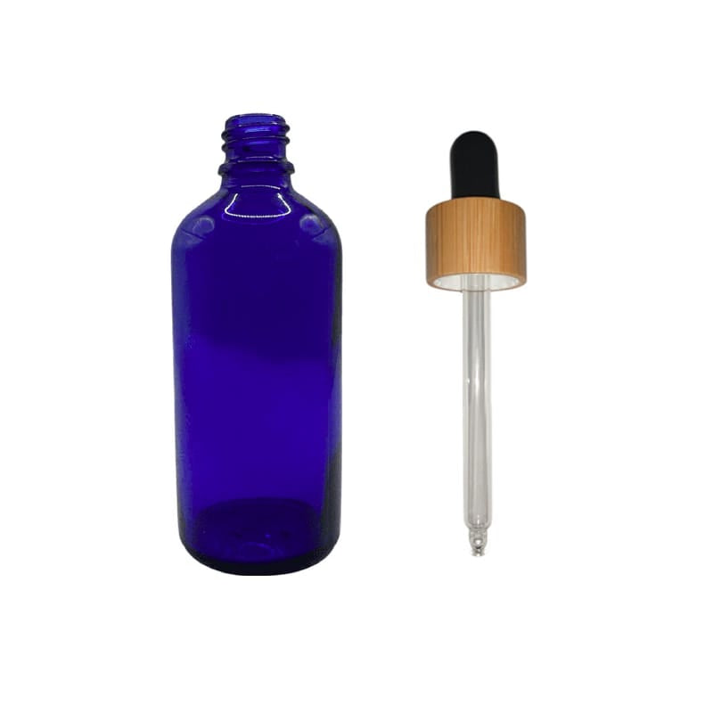 100ml Blue Glass Dropper Bottle with Black Bamboo Dropper