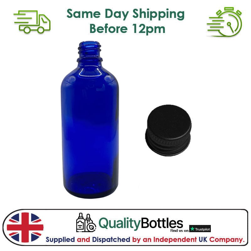 100ml Blue Glass Dropper Bottle with Black DIN18 Cap - Pack of 12