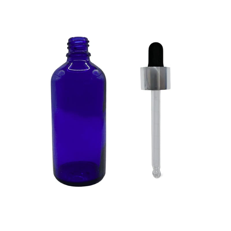 100ml Blue Glass Dropper Bottle with Black & Silver Dropper
