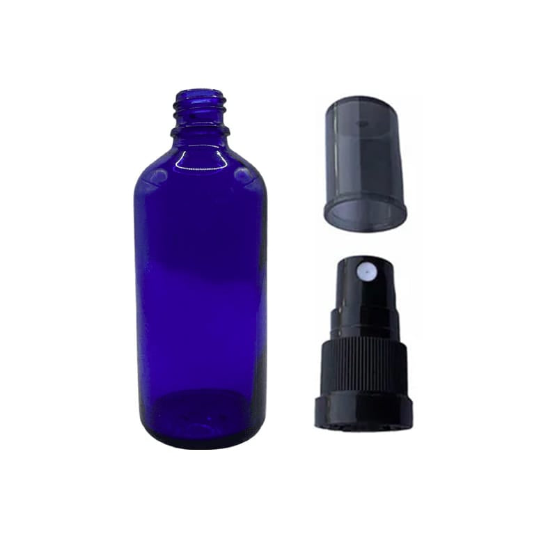 100ml Blue Glass Dropper Bottle with Black Tamper Evident Atomiser with Dark Tinted Over Cap (Type III)