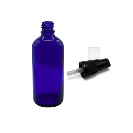 100ml Blue Glass Dropper Bottle with Black Tamper Evident Lotion Pump with Clear Over Cap (Type III)