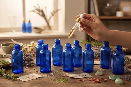 100ml Blue Glass Dropper Bottle with Black Tamper Evident Lotion Pump with Smoke Tinted Over Cap (Type III)