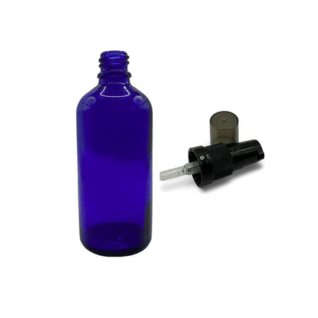 100ml Blue Glass Dropper Bottle with Black Tamper Evident Lotion Pump with Smoke Tinted Over Cap (Type III)