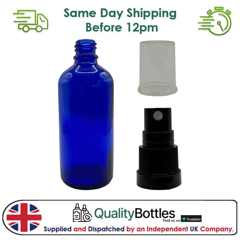 100ml Blue Glass Dropper Bottle with Black TE Atomiser - Pack of 12