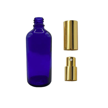 100ml Blue Glass Dropper Bottle with Gold Atomiser with Gold Over Cap