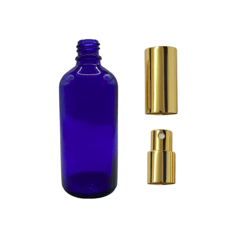 100ml Blue Glass Dropper Bottle with Gold Atomiser with Gold Over Cap