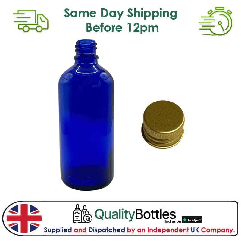 100ml Blue Glass Dropper Bottle with Gold DIN18 Cap - Pack of 12