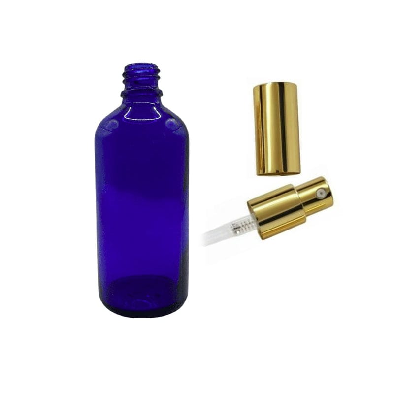 100ml Blue Glass Dropper Bottle with Gold Lotion Pump with Gold Over Cap
