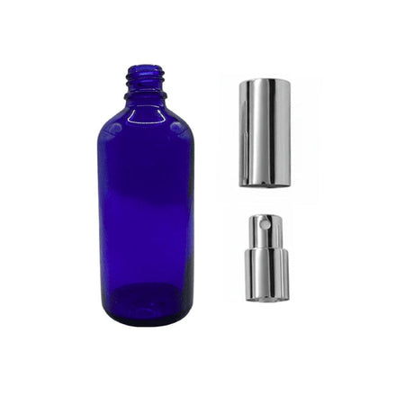 100ml Blue Glass Dropper Bottle with Silver Atomiser with Silver Over Cap