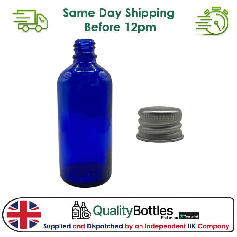 100ml Blue Glass Dropper Bottle with Silver DIN18 Cap - Pack of 12