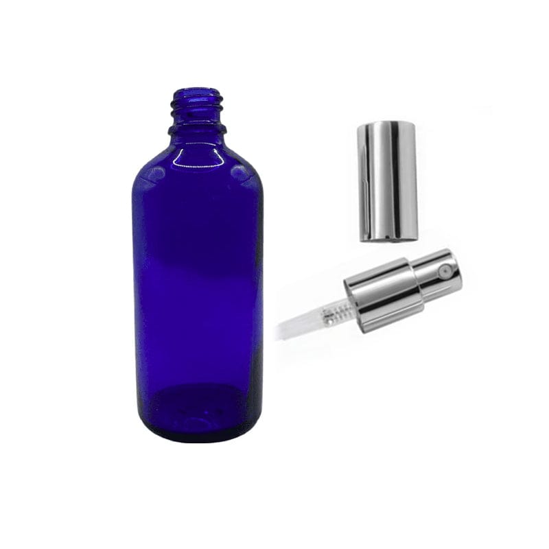 100ml Blue Glass Dropper Bottle with Silver Lotion Pump with Silver Over Cap