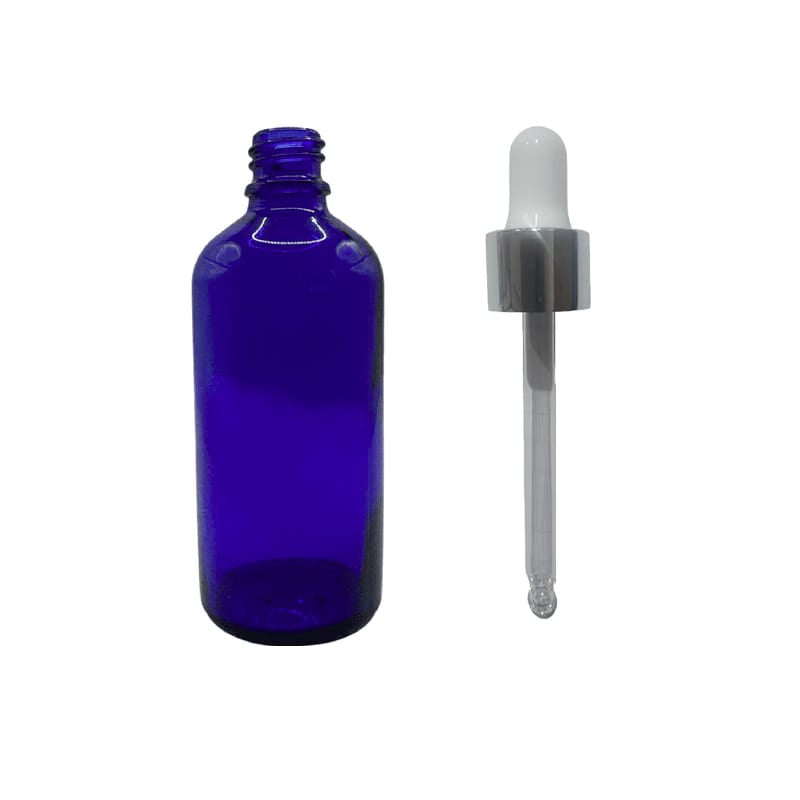 100ml Blue Glass Dropper Bottle with Silver & White Dropper