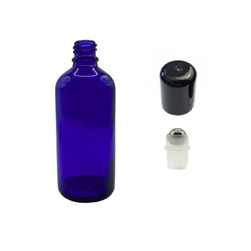 100ml Blue Glass Dropper Bottle with Stainless Steel Roller Ball with Plastic Black Cap