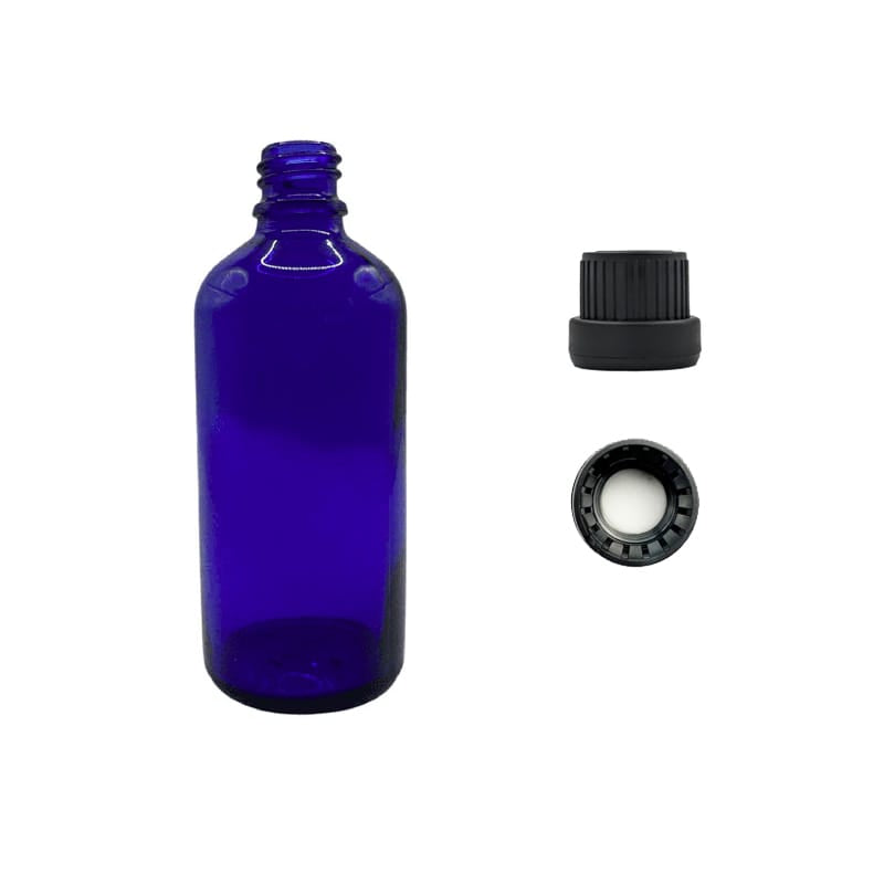 100ml Blue Glass Dropper Bottle with Tamper Evident Ribbed Black Cap and EPE Liner (Type III)