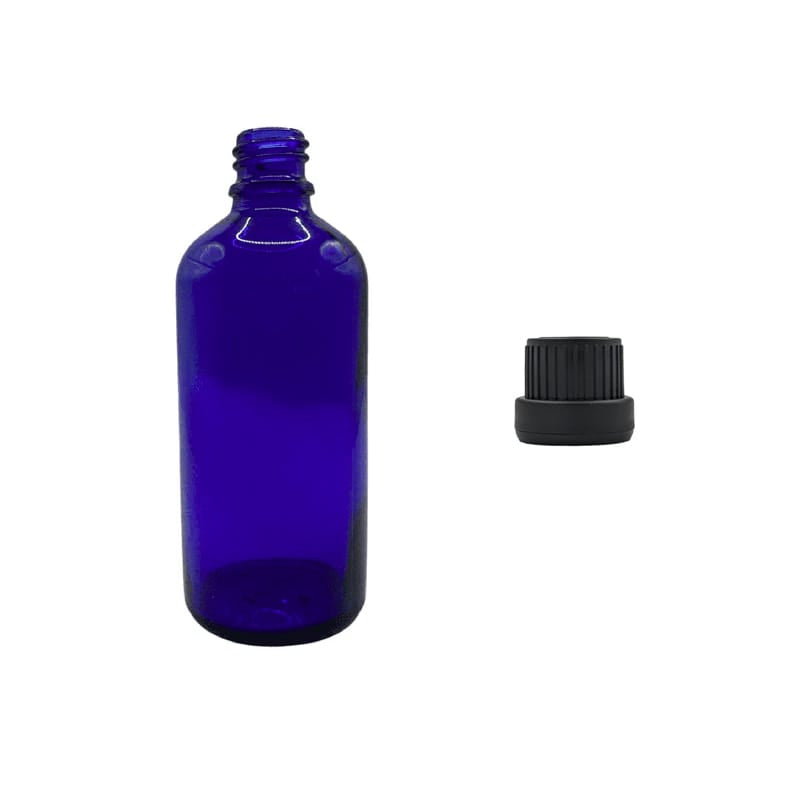 100ml Blue Glass Dropper Bottle with Tamper Evident Ribbed Black Cap (Type III)