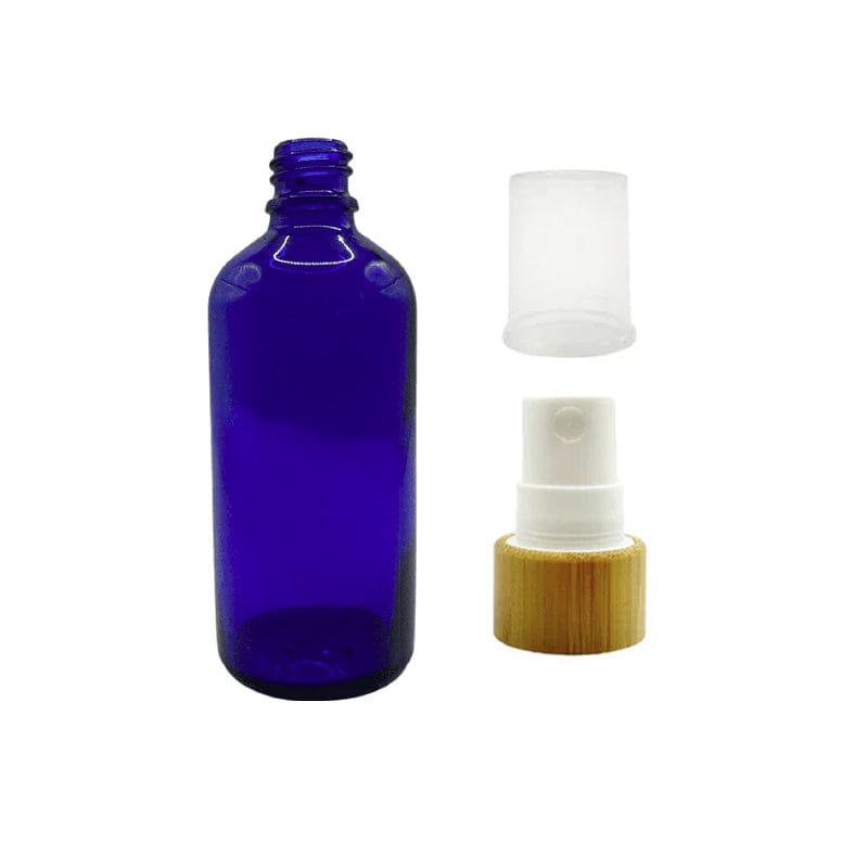 100ml Blue Glass Dropper Bottle with White Atomiser with Bamboo Collar and Clear Over Cap